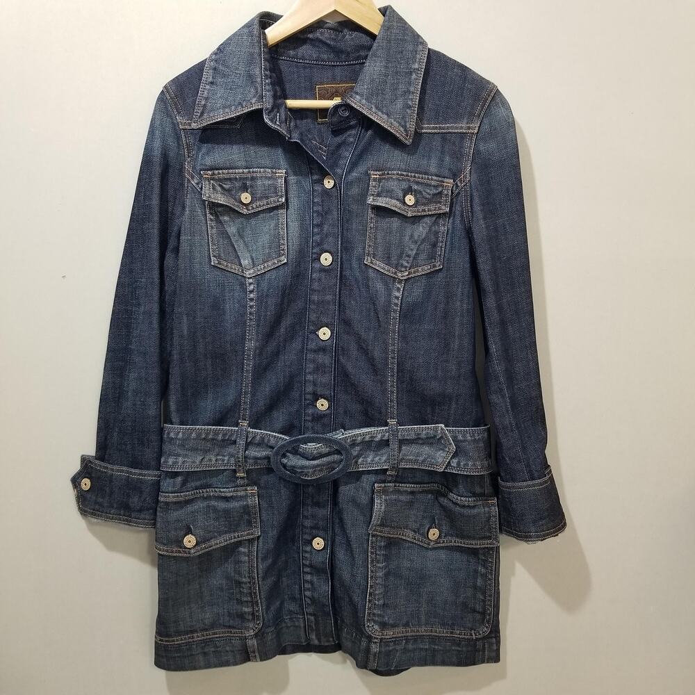 7 For All Mankind Denim Jacket Womens Large Blue Belted Utility Longline Safari